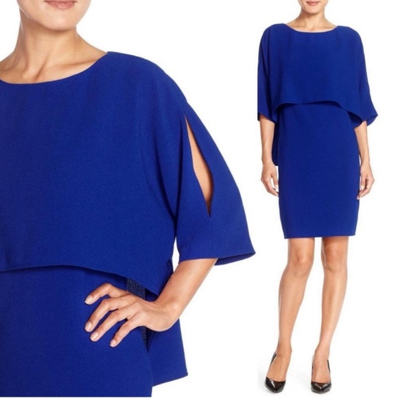 ADRIANNA PAPELL IRIS BLUE DRAPED BLOUSON SLEEVE CAPE COCKTAIL DRESS - Picture 1 of 13